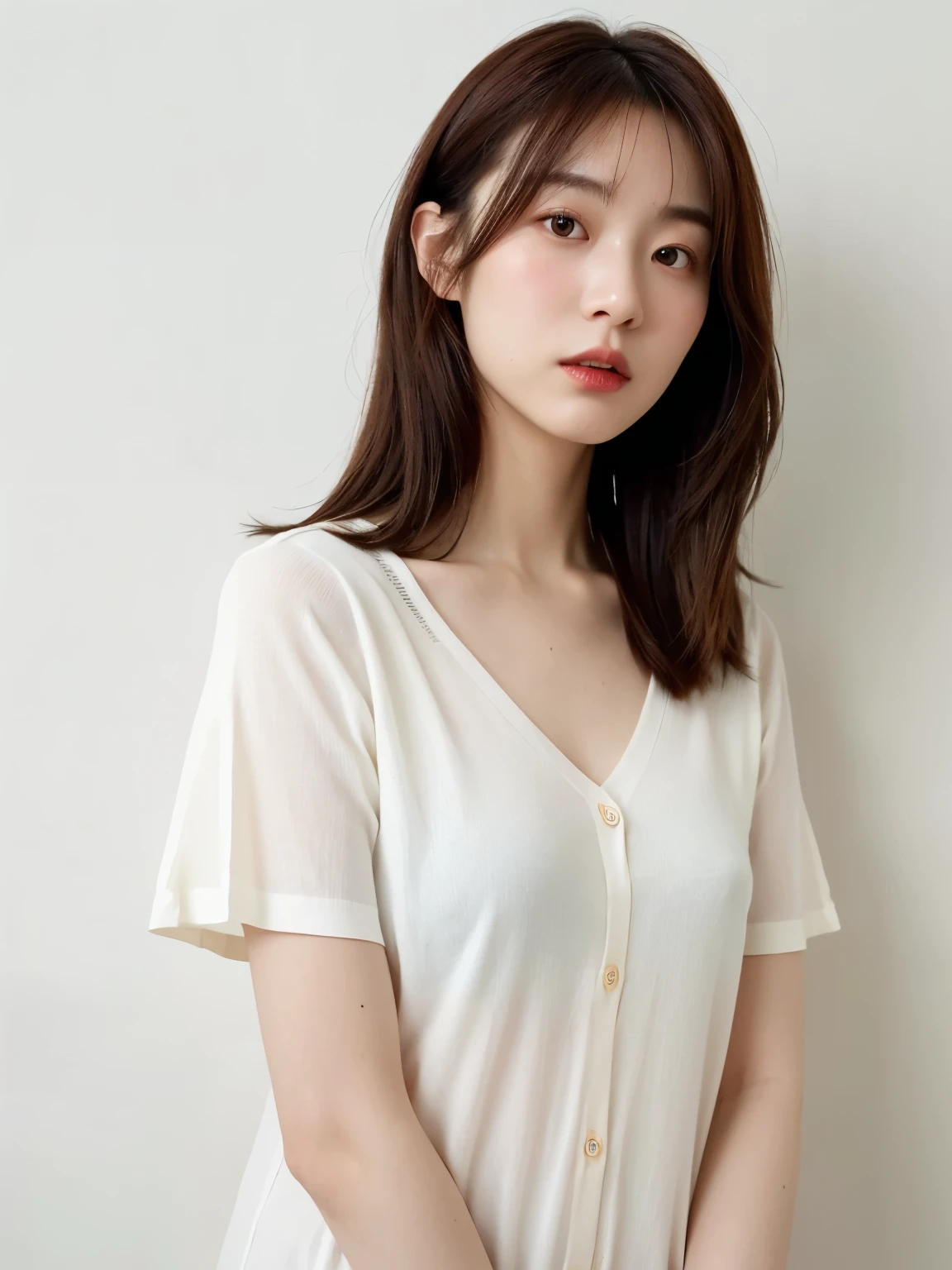 Short sleeve cardigan、Japanese woman in her 30s、(White wall in the background、reddish hair color)、Photographed in front of a white wall、Layered Cut、Very delicate hair、(In a room with white walls and a window)、((Highest quality、8K、masterpiece:1.3))、Ultra-high resolution、(photoGenuineistic:1.4)、RAW Photos、Japanese,(Detailed aspect)、Genuine、Photographed in natural light、Highly detailed face and skin texture、Highly detailed lips、The correct state of the human body、Medium Hair、Black Hair、Various poses、Natural color lip