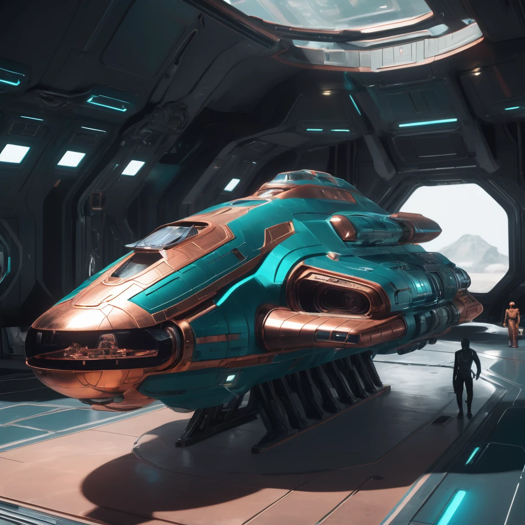 masterpiece, best quality, 8k, natural lighting, soft lighting, sunlight, wide-angle, (action shot of a shiny copper and teal star cruiser spaceship standing on ground inside a futuristic space station port, people working on the spaceship, repairing it:1.3) art by mooncryptowow