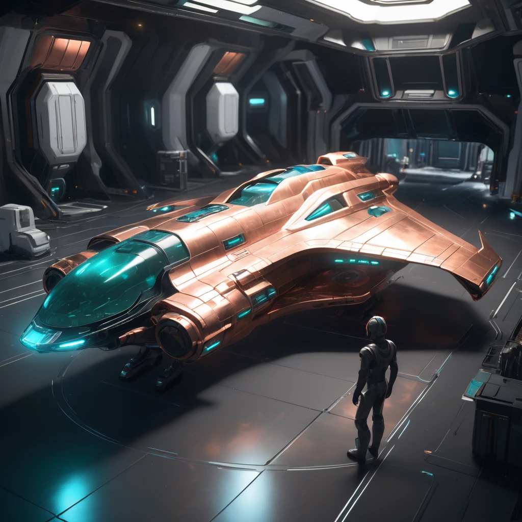 masterpiece, best quality, 8k, natural lighting, soft lighting, sunlight, wide-angle, (action shot of a shiny copper and teal star cruiser spaceship standing on ground inside a futuristic space station port, people working on the spaceship, repairing it:1.3) art by mooncryptowow