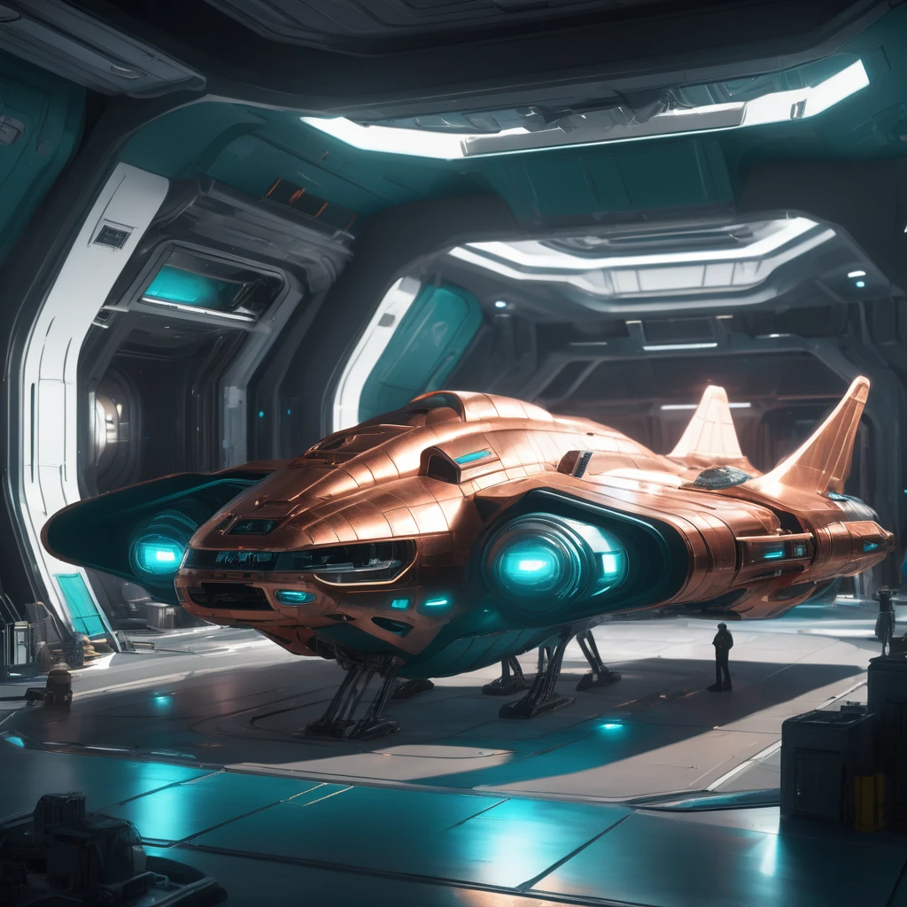 masterpiece, best quality, 8k, natural lighting, soft lighting, sunlight, wide-angle, (action shot of a shiny copper and teal star cruiser spaceship standing on ground inside a futuristic space station port, people working on the spaceship, repairing it:1.3) art by mooncryptowow