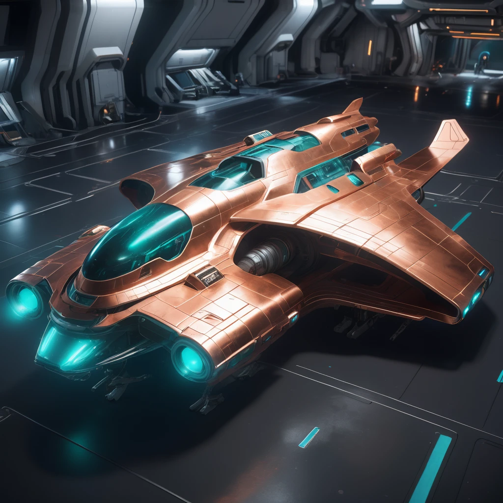 masterpiece, best quality, 8k, natural lighting, soft lighting, sunlight, wide-angle, (action shot of a shiny copper and teal star cruiser spaceship standing on ground inside a futuristic space station port, people working on the spaceship, repairing it:1.3) art by mooncryptowow