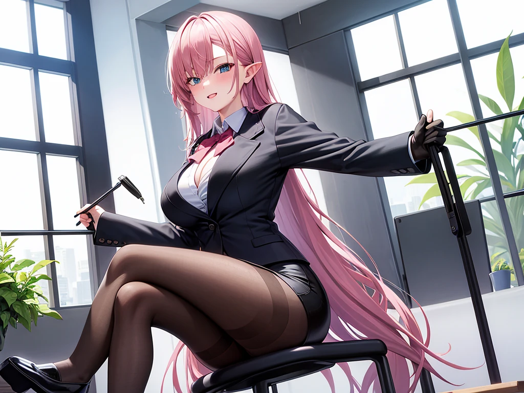 1girl, solo, long hair, breasts, looking at viewer, bangs, blue eyes, skirt, large breasts, shirt, long sleeves, holding, cleavage, sitting, underwear, jacket, full body, pink hair, pantyhose, pointy ears, indoors, miniskirt, black skirt, black footwear, bra, high heels, official alternate costume, cup, black pantyhose, window, chair, formal, crossed legs, suit, plant, black bra, red shirt, red jacket, desk, pencil skirt, pen, potted plant, office lady, monitor, skirt suit, office chair, bra peek, blinds, office