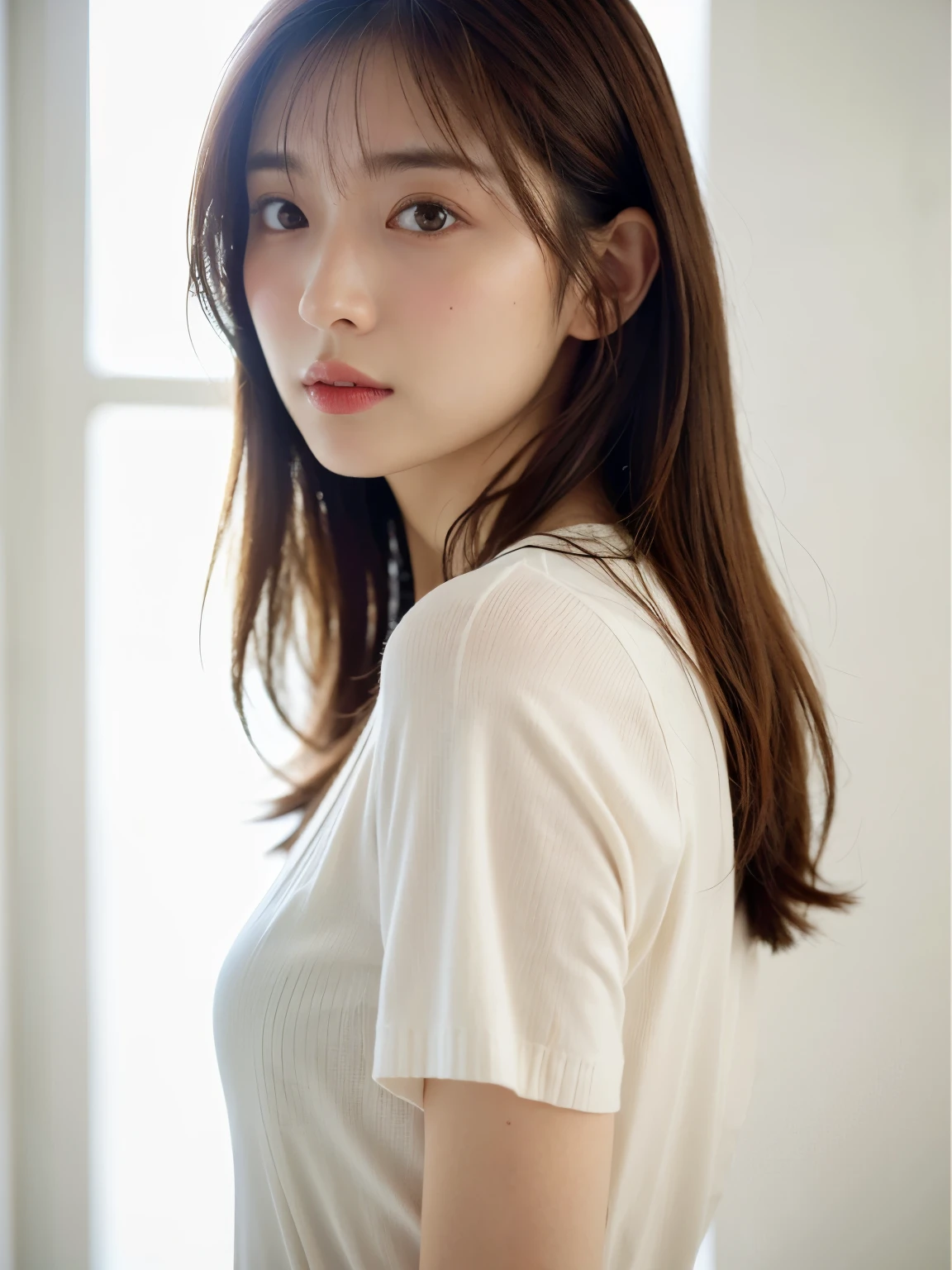 Short sleeve cardigan、Japanese woman in her 30s、(White wall in the background、reddish hair color)、Photographed in front of a white wall、profile、Layered Cut、Very delicate hair、(In a room with white walls and a window)、((Highest quality、8K、masterpiece:1.3))、Ultra-high resolution、(photoGenuineistic:1.4)、RAW Photos、Japanese,(Detailed aspect)、Genuine、Photographed in natural light、Highly detailed face and skin texture、Highly detailed lips、The correct state of the human body、Medium Hair、Black Hair、Various poses、Natural color lip