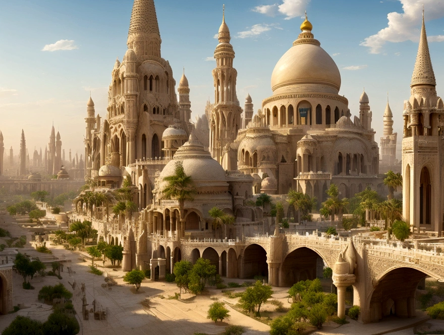 In the heart of the desert, ancient whispers echo through the gleaming spires of an ivory white city that defies time. The city is filled with beautiful intricate and interconnected canals and a lush vegetation, closeup view.