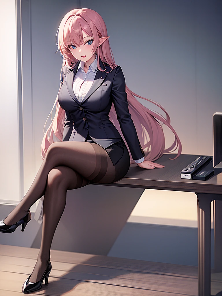 1girl, solo, long hair, breasts, looking at viewer, bangs, blue eyes, skirt, large breasts, shirt, long sleeves, holding, cleavage, sitting, underwear, jacket, full body, pink hair, pantyhose, pointy ears, indoors, miniskirt, black skirt, black footwear, bra, high heels, official alternate costume, cup, black pantyhose, window, chair, formal, crossed legs, suit, plant, black bra, red shirt, red jacket, desk, pencil skirt, pen, potted plant, office lady, monitor, skirt suit, office chair, bra peek, blinds, office