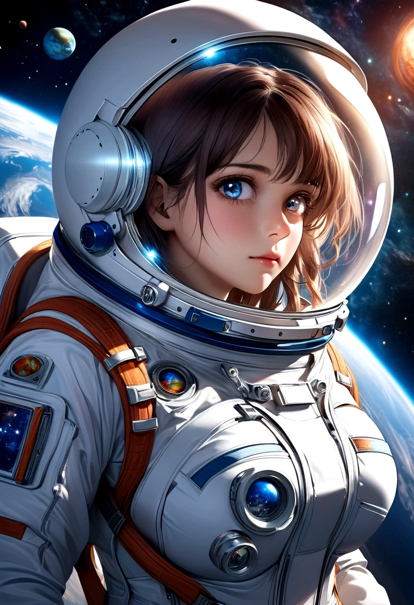 A beautiful astronaut, detailed space suit, floating in zero gravity, detailed helmet with visor, long blonde hair, serene expression, glowing planet in the background, atmospheric lighting, cinematic composition, ultrarealistic, 8k, highly detailed, photorealistic, dramatic lighting, vivid colors, otherworldly, concept art style, giga_busty, breasts