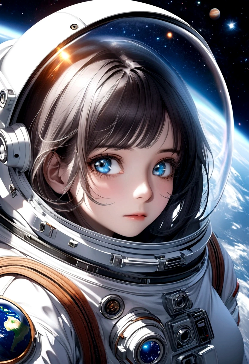 A beautiful astronaut, detailed space suit, floating in zero gravity, detailed helmet with visor, long blonde hair, serene expression, glowing planet in the background, atmospheric lighting, cinematic composition, ultrarealistic, 8k, highly detailed, photorealistic, dramatic lighting, vivid colors, otherworldly, concept art style, giga_busty, breasts