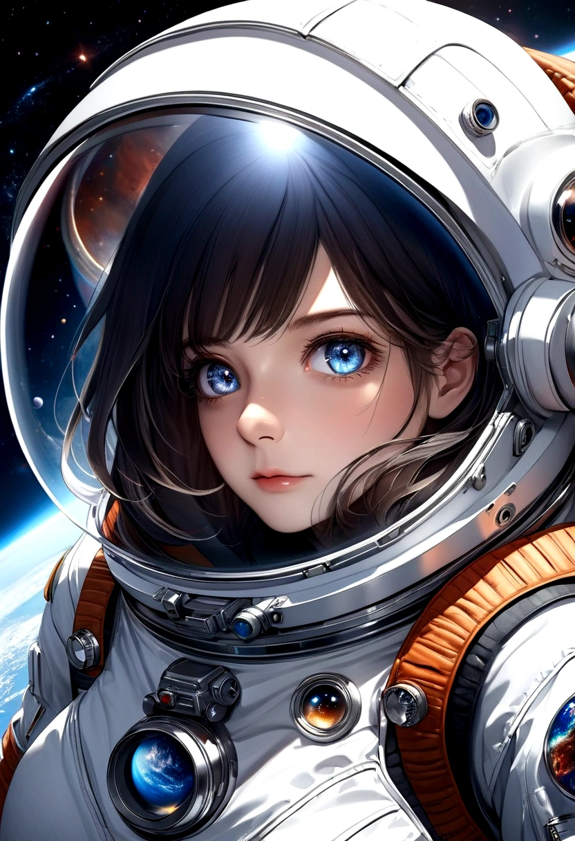 A beautiful astronaut, detailed space suit, floating in zero gravity, detailed helmet with visor, long blonde hair, serene expression, glowing planet in the background, atmospheric lighting, cinematic composition, ultrarealistic, 8k, highly detailed, photorealistic, dramatic lighting, vivid colors, otherworldly, concept art style, giga_busty, breasts