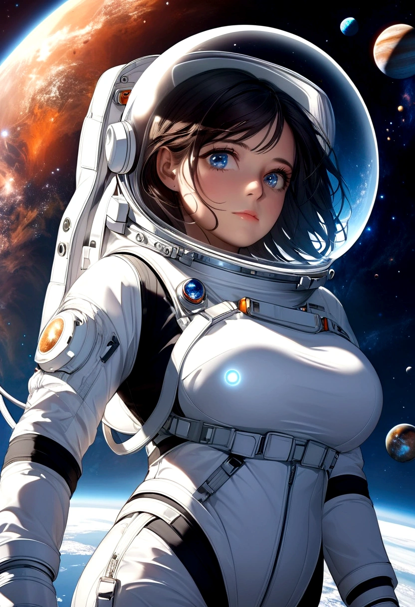 A beautiful astronaut, detailed space suit, floating in zero gravity, detailed helmet with visor, long blonde hair, serene expression, glowing planet in the background, atmospheric lighting, cinematic composition, ultrarealistic, 8k, highly detailed, photorealistic, dramatic lighting, vivid colors, otherworldly, concept art style, giga_busty, breasts