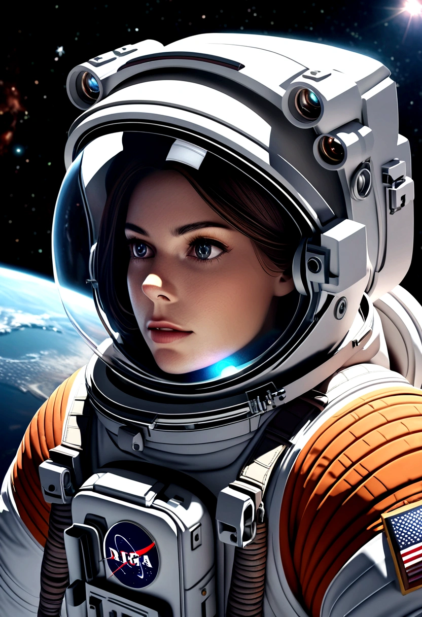 A beautiful astronaut, detailed space suit, floating in zero gravity, detailed helmet with visor, long blonde hair, serene expression, glowing planet in the background, atmospheric lighting, cinematic composition, ultrarealistic, 8k, highly detailed, photorealistic, dramatic lighting, vivid colors, otherworldly, concept art style, giga_busty, breasts