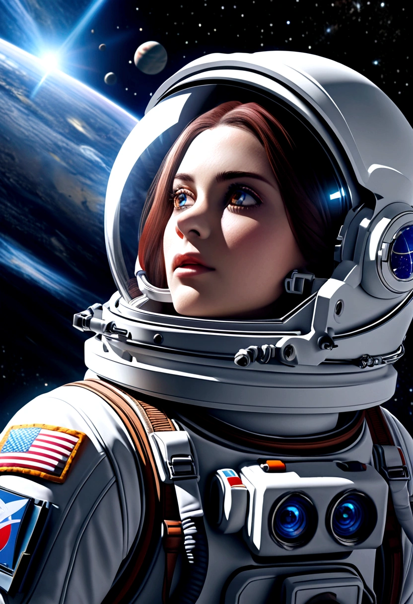 A beautiful astronaut, detailed space suit, floating in zero gravity, detailed helmet with visor, long blonde hair, serene expression, glowing planet in the background, atmospheric lighting, cinematic composition, ultrarealistic, 8k, highly detailed, photorealistic, dramatic lighting, vivid colors, otherworldly, concept art style, giga_busty, breasts