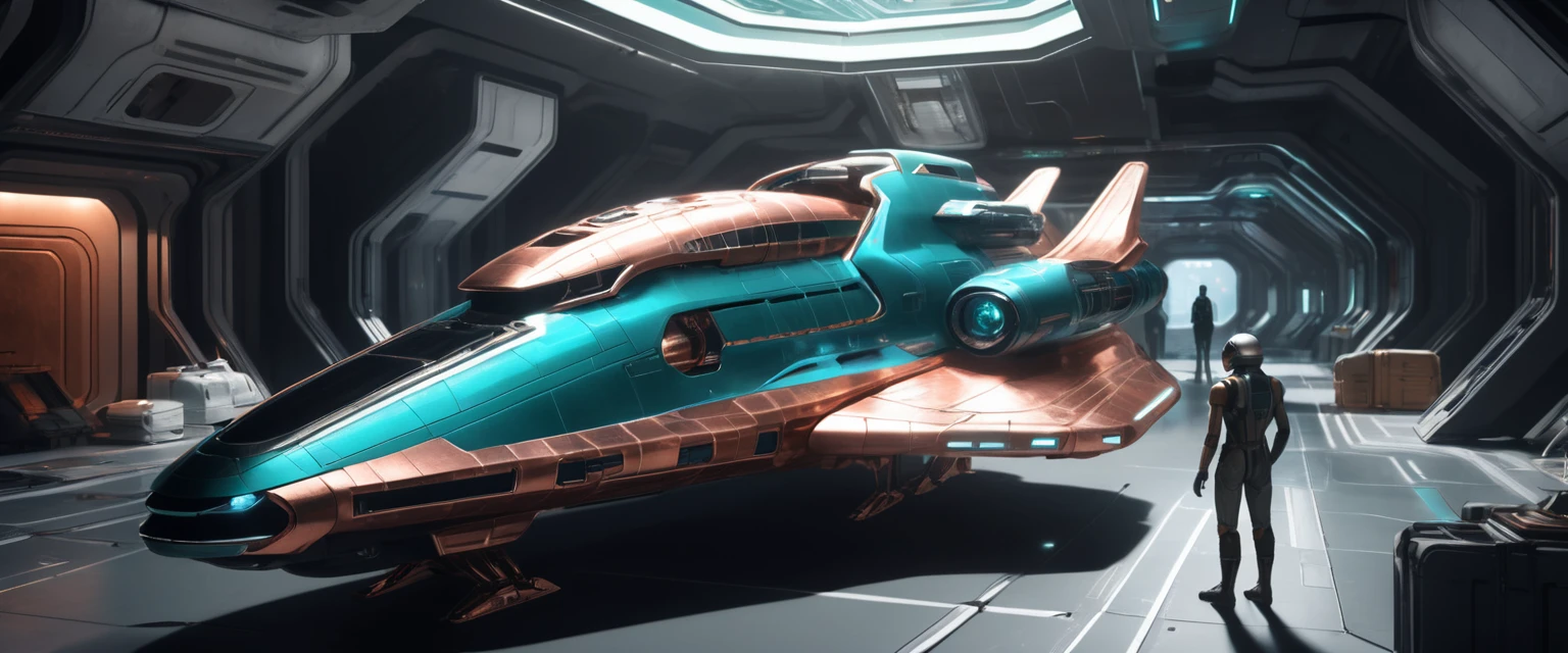 masterpiece, best quality, 8k, natural lighting, soft lighting, sunlight, wide-angle, (action shot of a shiny copper and teal star cruiser spaceship standing on ground inside a futuristic space station port, people working on the spaceship, repairing it:1.3) art by mooncryptowow