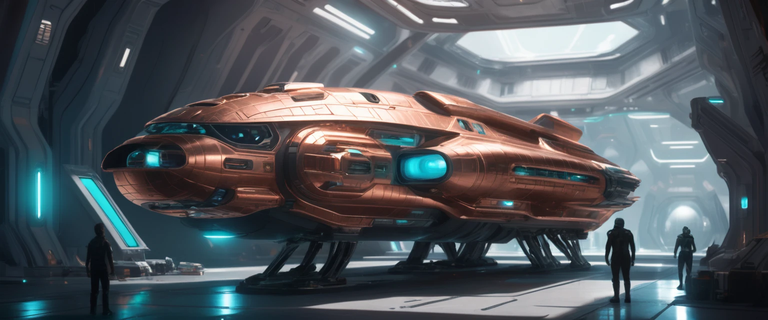 masterpiece, best quality, 8k, natural lighting, soft lighting, sunlight, wide-angle, (action shot of a shiny copper and teal star cruiser spaceship standing on ground inside a futuristic space station port, people working on the spaceship, repairing it:1.3) art by mooncryptowow