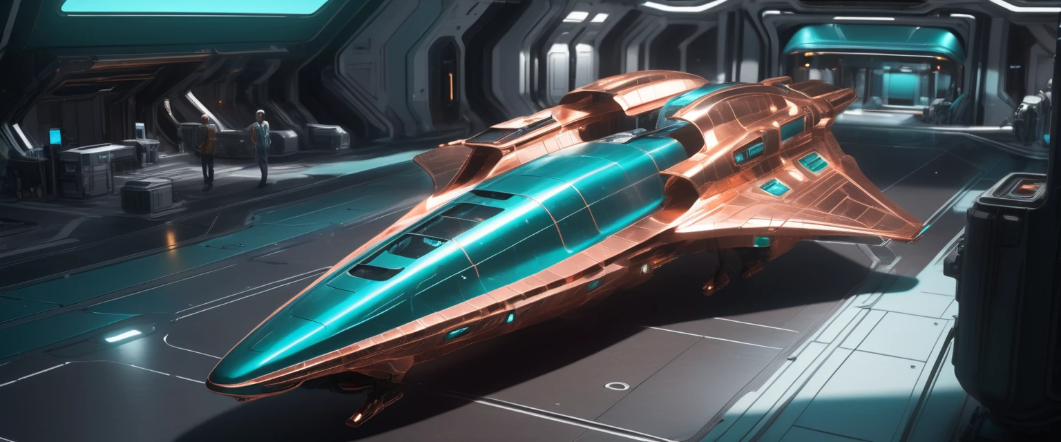 masterpiece, best quality, 8k, natural lighting, soft lighting, sunlight, wide-angle, (action shot of a shiny copper and teal star cruiser spaceship standing on ground inside a futuristic space station port, people working on the spaceship, repairing it:1.3) art by mooncryptowow