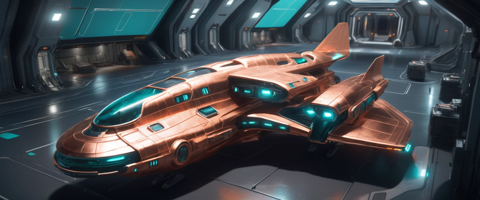 masterpiece, best quality, 8k, natural lighting, soft lighting, sunlight, wide-angle, (action shot of a shiny copper and teal star cruiser spaceship standing on ground inside a futuristic space station port, people working on the spaceship, repairing it:1.3) art by mooncryptowow