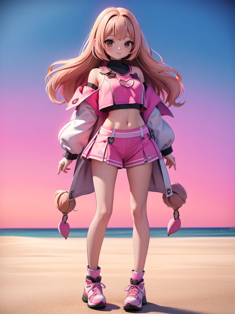 Seizo Watase style, Simple Line Initialism，Abstract art, 3d character, colorful hearts ,(((The most beautiful girl of all time))),  (full body 1.2), only girl, long hair, sea background, 18 year old, full body, (((8k))), ((3d))), pink code, 3 hole crop top, brown light hair