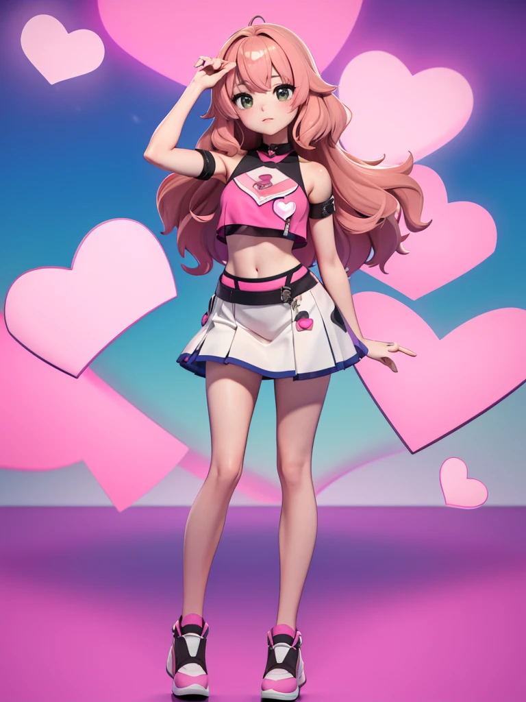 Seizo Watase style, Simple Line Initialism，Abstract art, 3d character, colorful hearts ,(((The most beautiful girl of all time))),  (full body 1.2), only girl, long hair, sea background, 18 year old, full body, (((8k))), ((3d))), pink code, 3 hole crop top, brown light hair