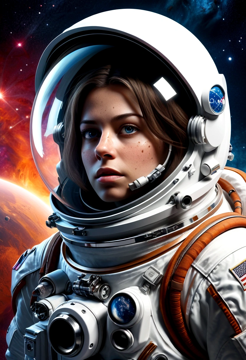 A beautiful astronaut, detailed space suit, floating in zero gravity, detailed helmet with visor, long blonde hair, serene expression, glowing planet in the background, atmospheric lighting, cinematic composition, ultrarealistic, 8k, highly detailed, photorealistic, dramatic lighting, vivid colors, otherworldly, concept art style, giga_busty, breasts, full body shot