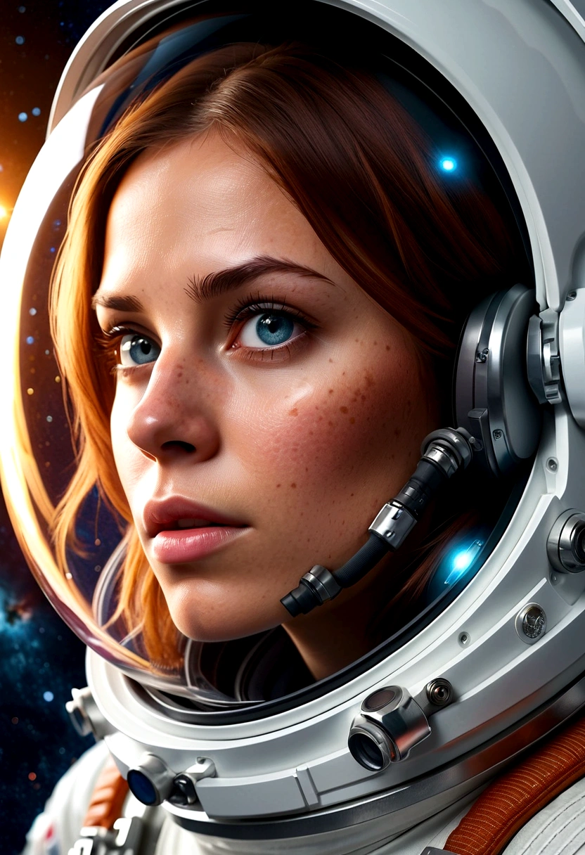 A beautiful astronaut, detailed space suit, floating in zero gravity, detailed helmet with visor, long blonde hair, serene expression, glowing planet in the background, atmospheric lighting, cinematic composition, ultrarealistic, 8k, highly detailed, photorealistic, dramatic lighting, vivid colors, otherworldly, concept art style, giga_busty, breasts, full body shot