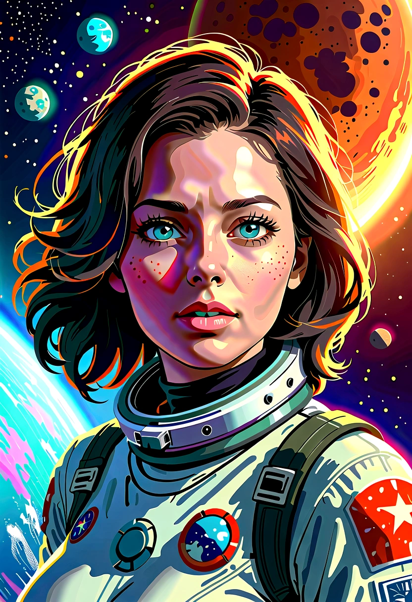 A beautiful astronaut, detailed space suit, floating in zero gravity, detailed helmet with visor, long blonde hair, serene expression, glowing planet in the background, atmospheric lighting, cinematic composition, ultrarealistic, 8k, highly detailed, photorealistic, dramatic lighting, vivid colors, otherworldly, concept art style, giga_busty, breasts