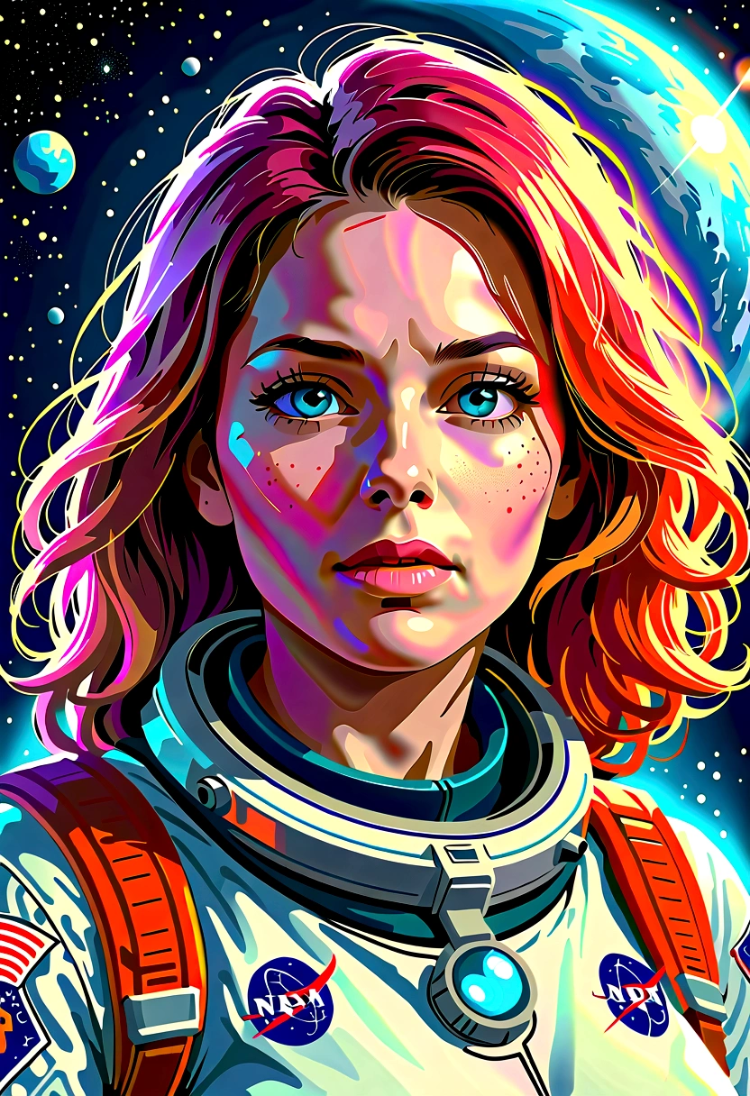 A beautiful astronaut, detailed space suit, floating in zero gravity, detailed helmet with visor, long blonde hair, serene expression, glowing planet in the background, atmospheric lighting, cinematic composition, ultrarealistic, 8k, highly detailed, photorealistic, dramatic lighting, vivid colors, otherworldly, concept art style, giga_busty, breasts