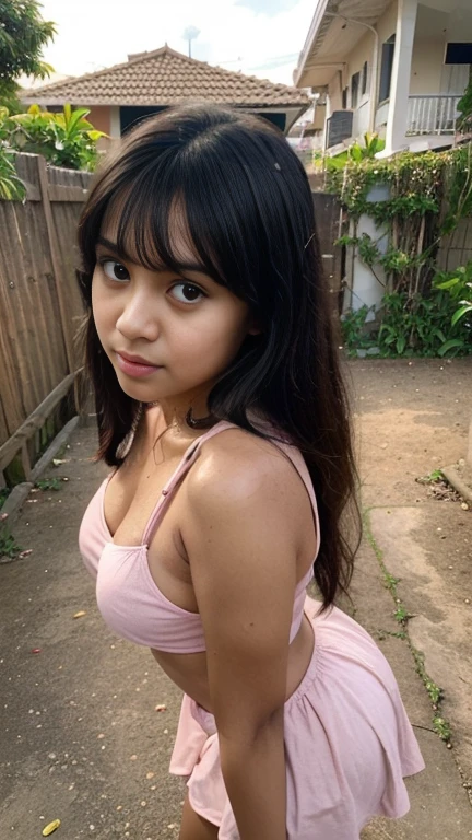 Young beautiful sweet Bogor city girl, 25 years old, her name is Salma, mixed descent from sundanese and Javanese, slim sexy body, medium size age breasts, big round childish eyes, cute little hawk type nose, shy and quite type girl, very messy sweaty medium long black hair with a bangs, big wide forehead, very sweet georgeus round childish face, wearing very thin pink babbydools mini dress, standing cheerful at home yard,