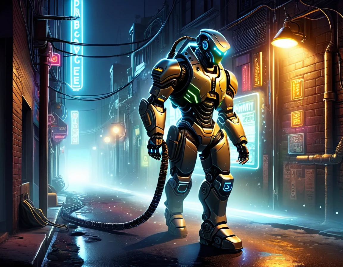 In a gritty cityscape, a trench-coated detective with a robotic arm investigates a dimly lit alley. Neon signs cast long shadows as he follows a trail of digital clues in pursuit of a mysterious hacker.