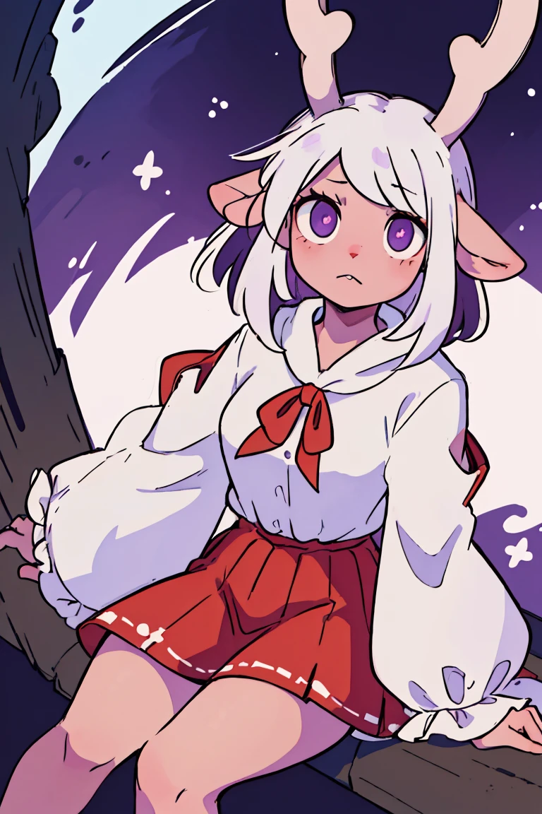 (best qualityer:0.8), perfect anime illustration, 1 girl, in front, gazing at viewer, NoelleHoliday, White hair, red short skirt, Red strappy sleeves, white blouse, spiral purple eyes, shorth hair, Deer tail,