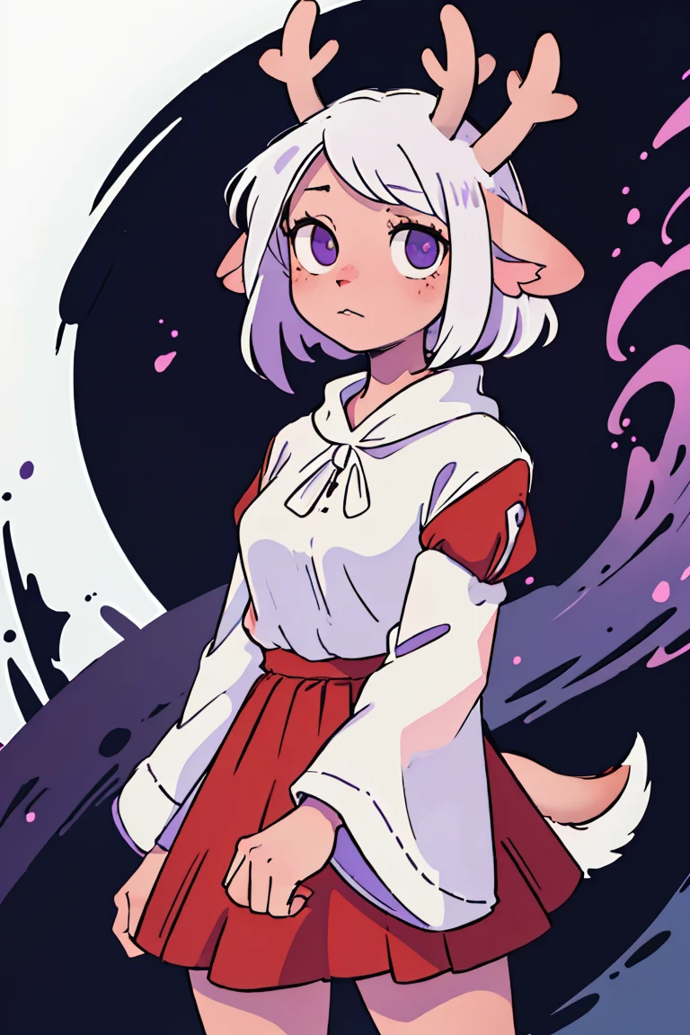 (best qualityer:0.8), perfect anime illustration, 1 girl, in front, gazing at viewer, NoelleHoliday, White hair, red short skirt, Red strappy sleeves, white blouse, spiral purple eyes, shorth hair, Deer tail,