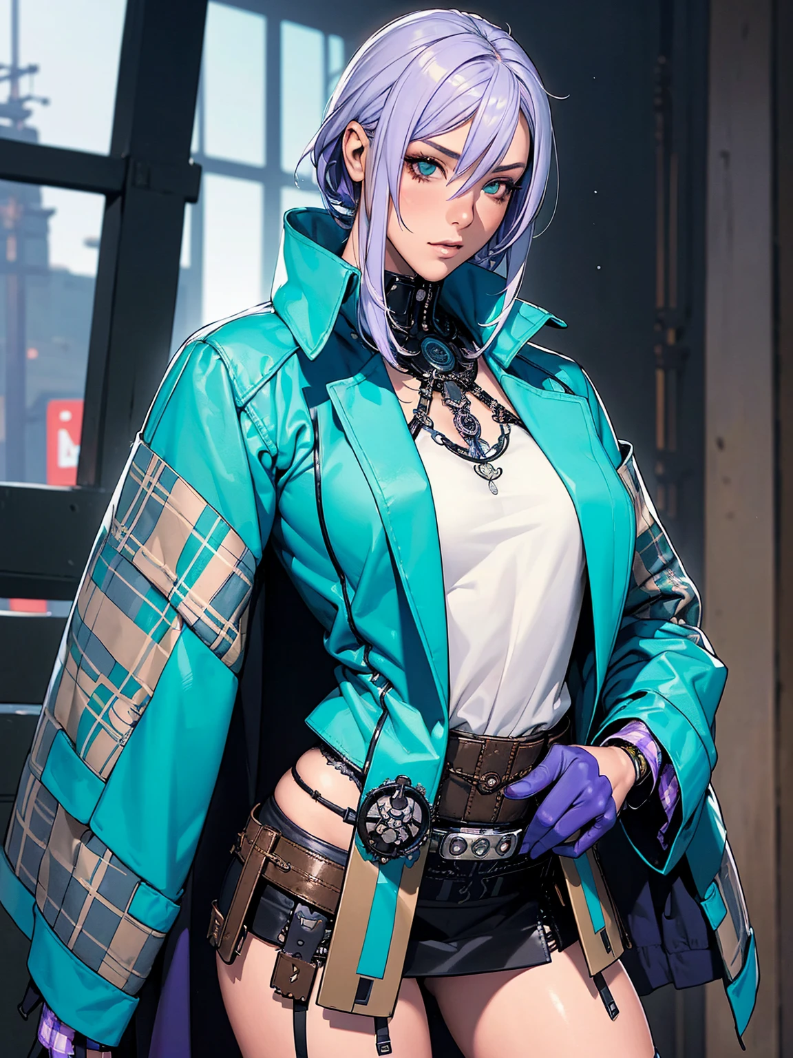 (((Woman))), (((best qualityer))), (((​masterpiece))), (((grown-up))), (((1 girl))), (((cyber punk/dieselpunk/Steampunk))), ((( White hair ))), (((plaid pattern))), (((samurai army))), (((violet hair))), (((texturas))), (((ink spatter))), (((grain))), Uma modelo cyber punk Woman de 18 anos com corpo perfeito, ELLE MACPHERSON, clean  face, ((( turquoise jacket with turquoise and black checkered sleeves ))), Black micro skirt showing tiny turquoise leather panties, puffy jacket with intricate textures, almost naked in Simon Bisley&#39;s wild urban style for the cover of Heavy Metal magazine, Spectacular colorful graphics, Minimal clothing, futuristic turquoise jacket with checkered sleeves in yellow and breto, (((from the knee up))), ((( short black hair ))), Ao fundo, a wall painted with an intricate design, (((self-contrast of the character with the background))), Two-tone lighting, film grain