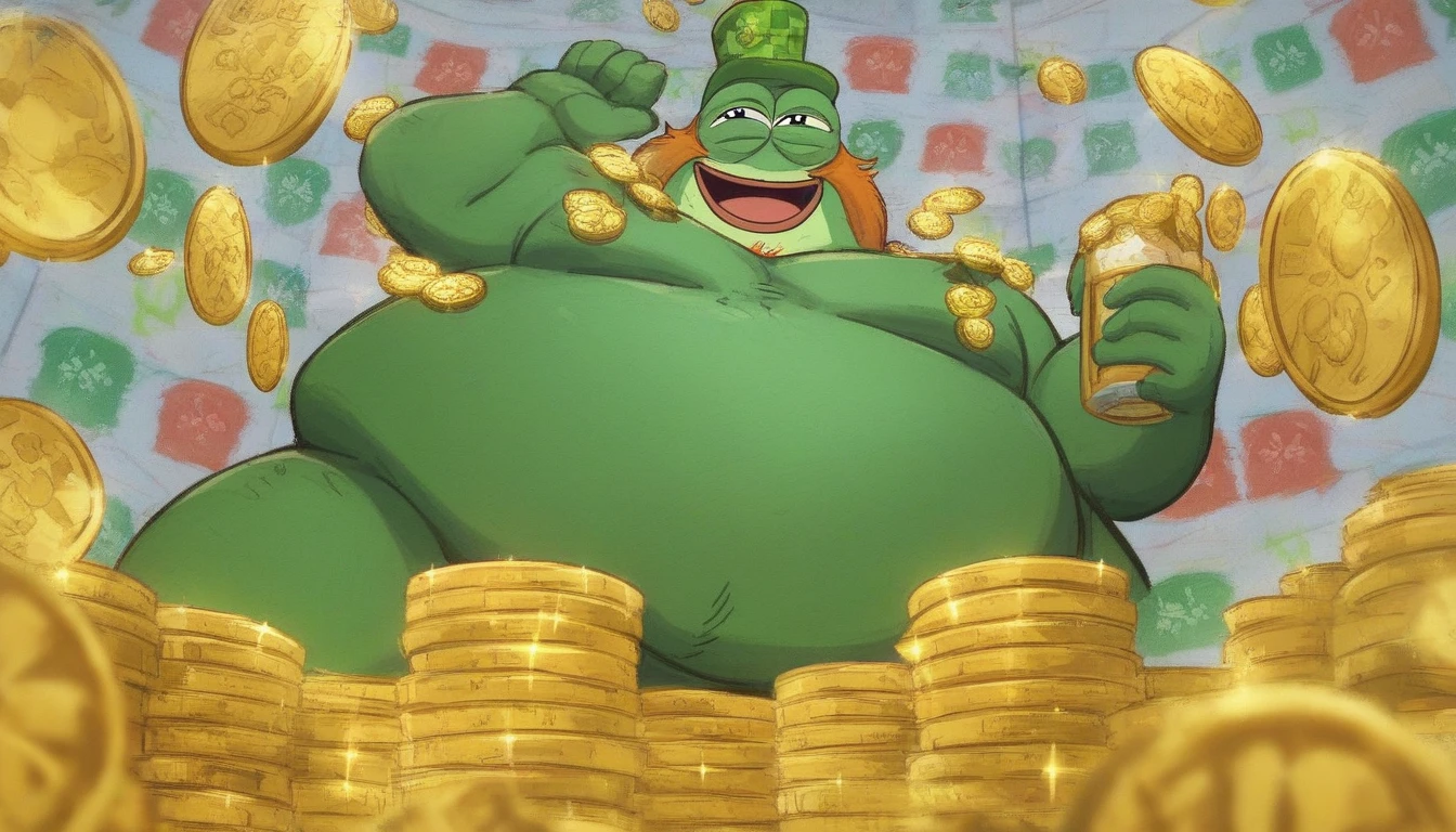 (happy:1.2) Overweight pepe the frog (leprechaun:1.2) orange beard,  pile of bitcoins on BG (field of green four weed  clover:1.2) (holding beer:1.2)
score_9, score_8_up, score_7_up, score_6_up, rating_questionable
low angle, (fisheye:1.2)
(pepe the frog:1.3) frog (St.Patrick's Day theme:1.3), (surreal:1.3) (gold coins:1.2) (rainbow:1.2) (celtic:1.3) landscape on BG
 pepe the frog  indoors
 