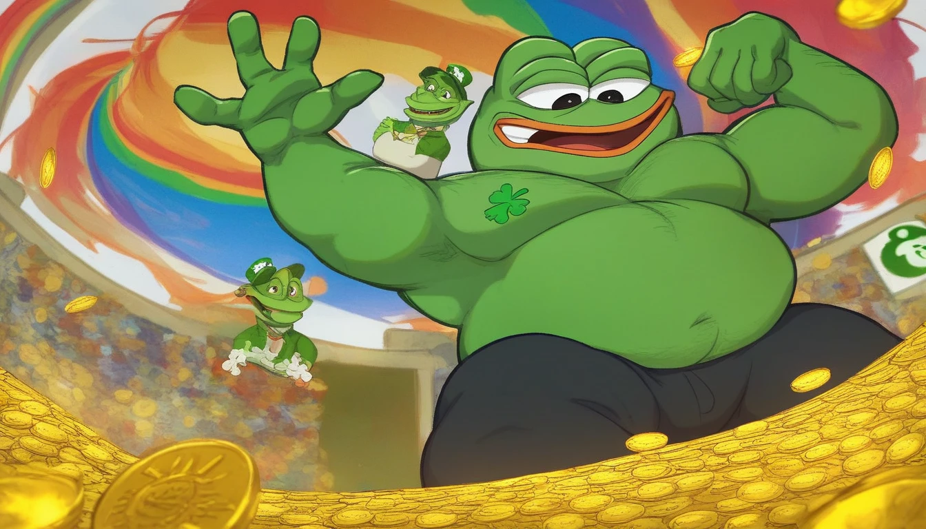 (happy:1.2) Overweight pepe the frog (leprechaun:1.2) orange beard,  pile of bitcoins on BG (field of green four weed  clover:1.2) (holding beer:1.2)
score_9, score_8_up, score_7_up, score_6_up, rating_questionable
low angle, (fisheye:1.2)
(pepe the frog:1.3) frog (St.Patrick's Day theme:1.3), (surreal:1.3) (gold coins:1.2) (rainbow:1.2) (celtic:1.3) landscape on BG
 pepe the frog  indoors
 