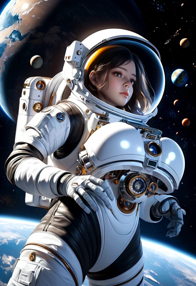 A beautiful astronaut, detailed space suit, floating in zero gravity, detailed helmet with visor, long blonde hair, serene expression, glowing planet in the background, atmospheric lighting, cinematic composition, ultrarealistic, 8k, highly detailed, photorealistic, dramatic lighting, vivid colors, otherworldly, concept art style, giga_busty, breasts, full body shot