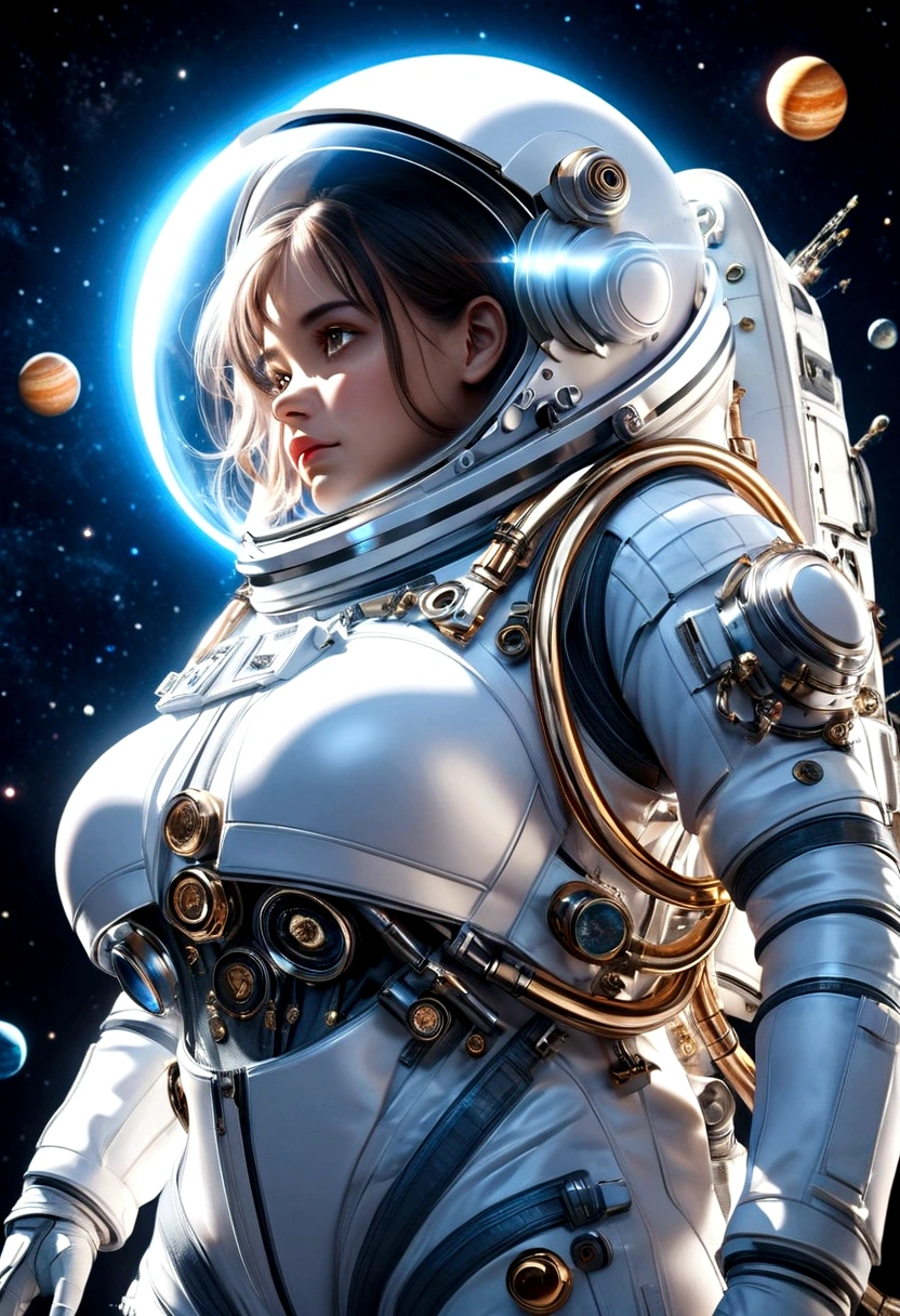 A beautiful astronaut, detailed space suit, floating in zero gravity, detailed helmet with visor, long blonde hair, serene expression, glowing planet in the background, atmospheric lighting, cinematic composition, ultrarealistic, 8k, highly detailed, photorealistic, dramatic lighting, vivid colors, otherworldly, concept art style, giga_busty, breasts, full body shot