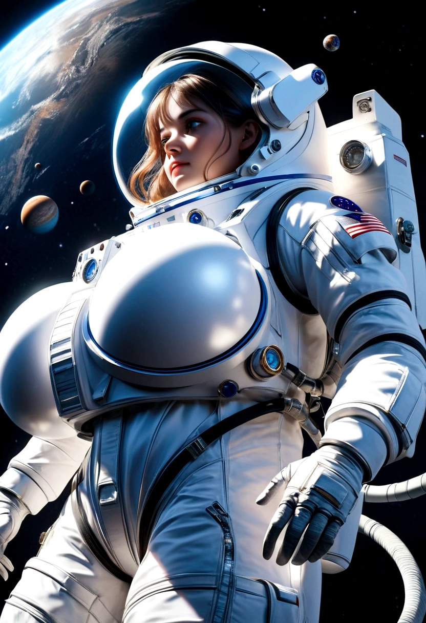 A beautiful astronaut, detailed space suit, floating in zero gravity, detailed helmet with visor, long blonde hair, serene expression, glowing planet in the background, atmospheric lighting, cinematic composition, ultrarealistic, 8k, highly detailed, photorealistic, dramatic lighting, vivid colors, otherworldly, concept art style, giga_busty, breasts