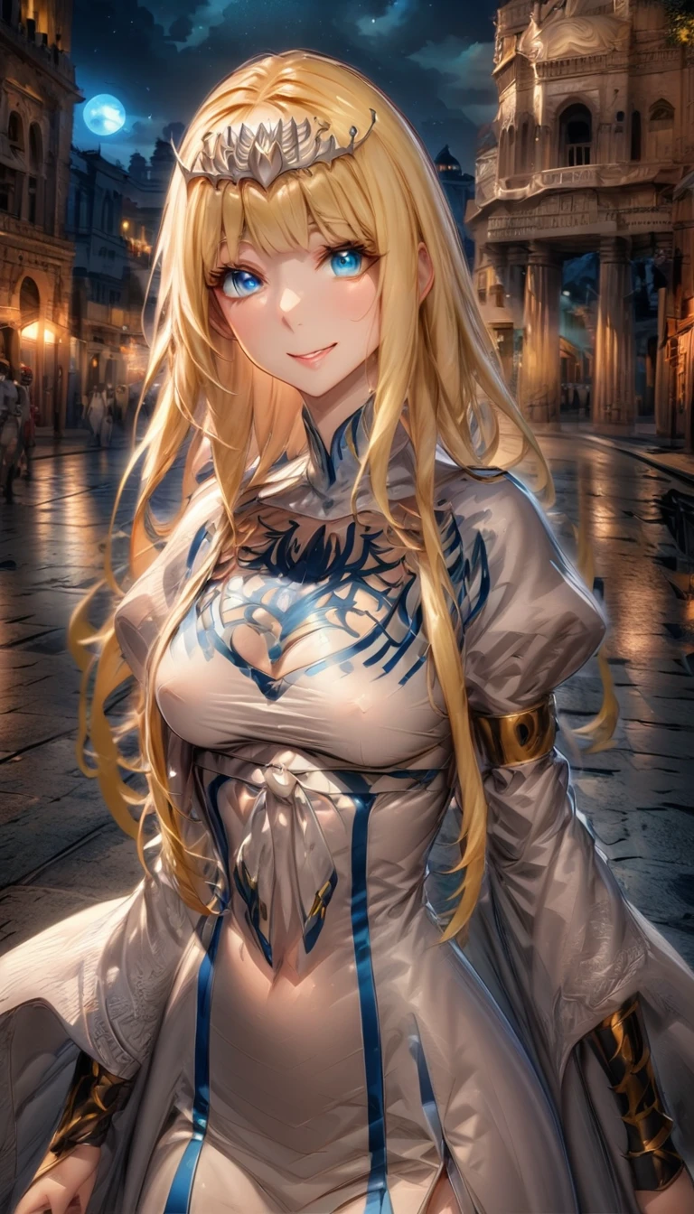 Very detailed, height, nonsense, HDR, Women's singles, 25 years old, night time, ancient city, smile,, 1 girl, alone, Calcutta, Calcutta Bessarez, blonde hair, (My hair is very long.:1.3), My hair is very long., white crown, white dress, blue eyes, Medium bust, My hair is very long., medium sized breast, Yellow hair color, smooth, blunt bang