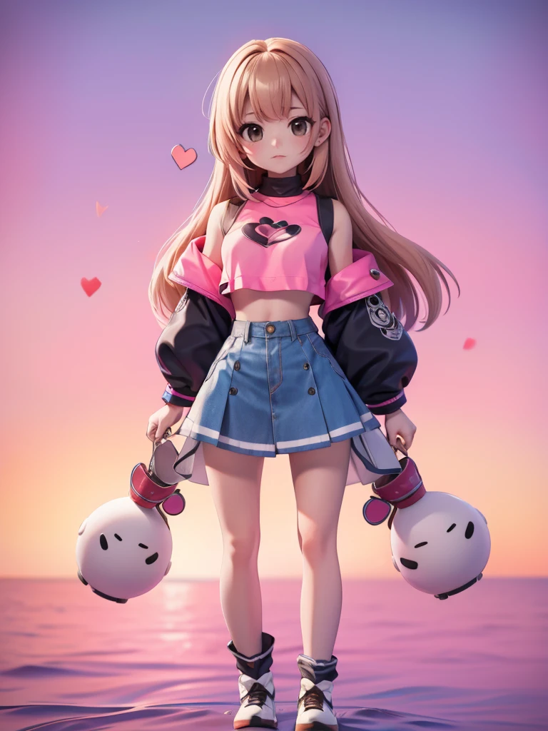 Seizo Watase style, Simple Line Initialism，Abstract art, 3d character, colorful hearts ,(((The most beautiful girl of all time))),  (full body 1.2), only girl, long hair, sea background, 18 year old, full body, (((8k))), ((3d))), pink code, 3 hole crop top, brown light hair, turtleneck, bangs parted to the sides