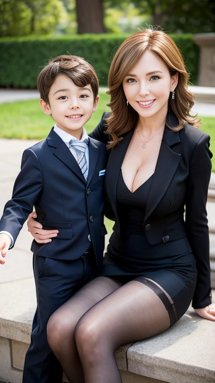 Cute  30 year old tanya tate and Young boy in  posing and smiling, Woman wearing pantyhose anda extremely short tight micro skirt, seductive sitting pose, (short skirt:1.1), cleavage, , young Boy is children, Boy have 8yo and they are small.the boy is dressed in a suit. boy,kid .  ( boy is twice as tall as a woman), boy is kid. At the park 