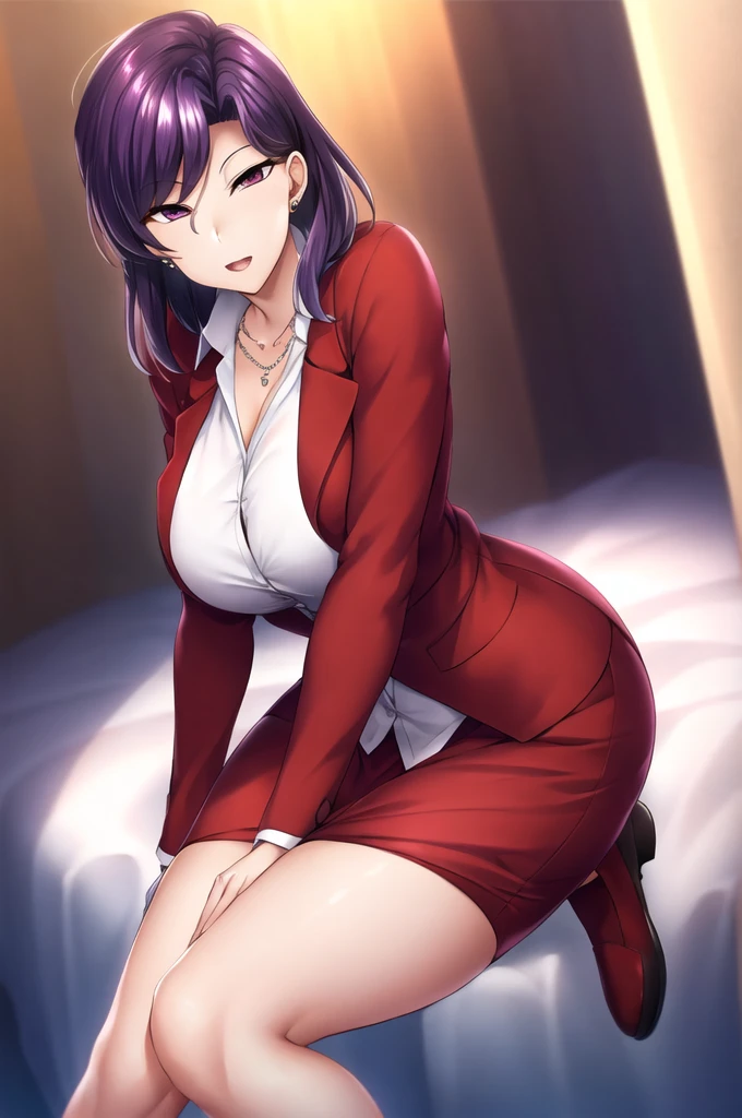 red jacket,pencil skirt,white shirt,pantyhose, jewelry,earrings,necklace, purple eyes, purple hair,Bangs,
1 girl, 20yo,Young female,Beautiful Finger,Beautiful long legs,Beautiful body,Beautiful Nose,Beautiful character design, perfect eyes, perfect face,expressive eyes, looking at viewer, in the center of the image,(light_smile:0.5), official art,extremely detailed CG unity 8k wallpaper, perfect lighting,Colorful, Bright_Front_face_Lighting,shiny skin, (masterpiece:1.0),(best_quality:1.0), ultra high res,4K,ultra-detailed, photography, 8K, HDR, highres, absurdres:1.2, Kodak portra 400, film grain, blurry background, bokeh:1.2, lens flare, (vibrant_color:1.2) (Beautiful,large_Breasts:1.0), (beautiful_face:1.5),(narrow_waist)