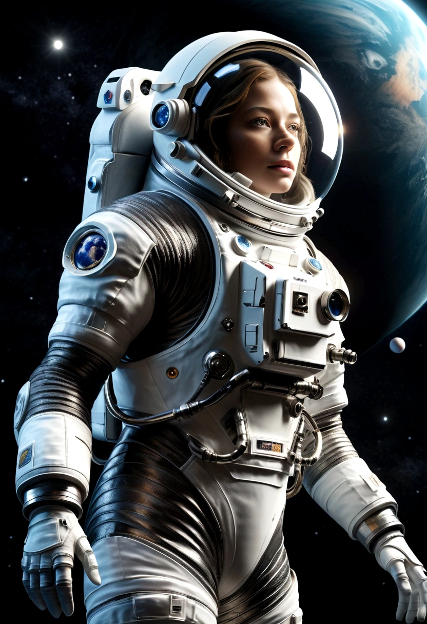 A beautiful astronaut, detailed space suit, floating in zero gravity, detailed helmet with visor, long blonde hair, serene expression, glowing planet in the background, atmospheric lighting, cinematic composition, ultrarealistic, 8k, highly detailed, photorealistic, dramatic lighting, vivid colors, otherworldly, concept art style, giga_busty, breasts, full body shot