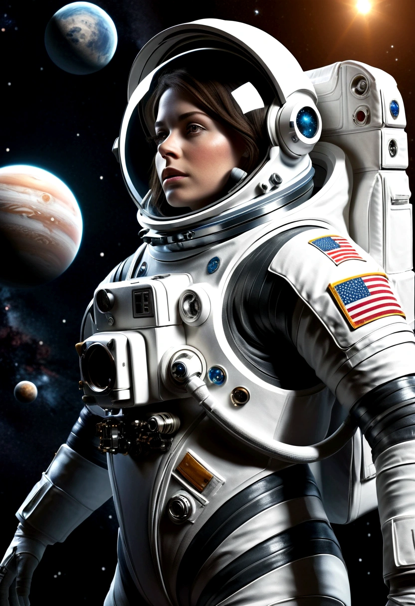 A beautiful astronaut, detailed space suit, floating in zero gravity, detailed helmet with visor, long blonde hair, serene expression, glowing planet in the background, atmospheric lighting, cinematic composition, ultrarealistic, 8k, highly detailed, photorealistic, dramatic lighting, vivid colors, otherworldly, concept art style, giga_busty, breasts, full body shot