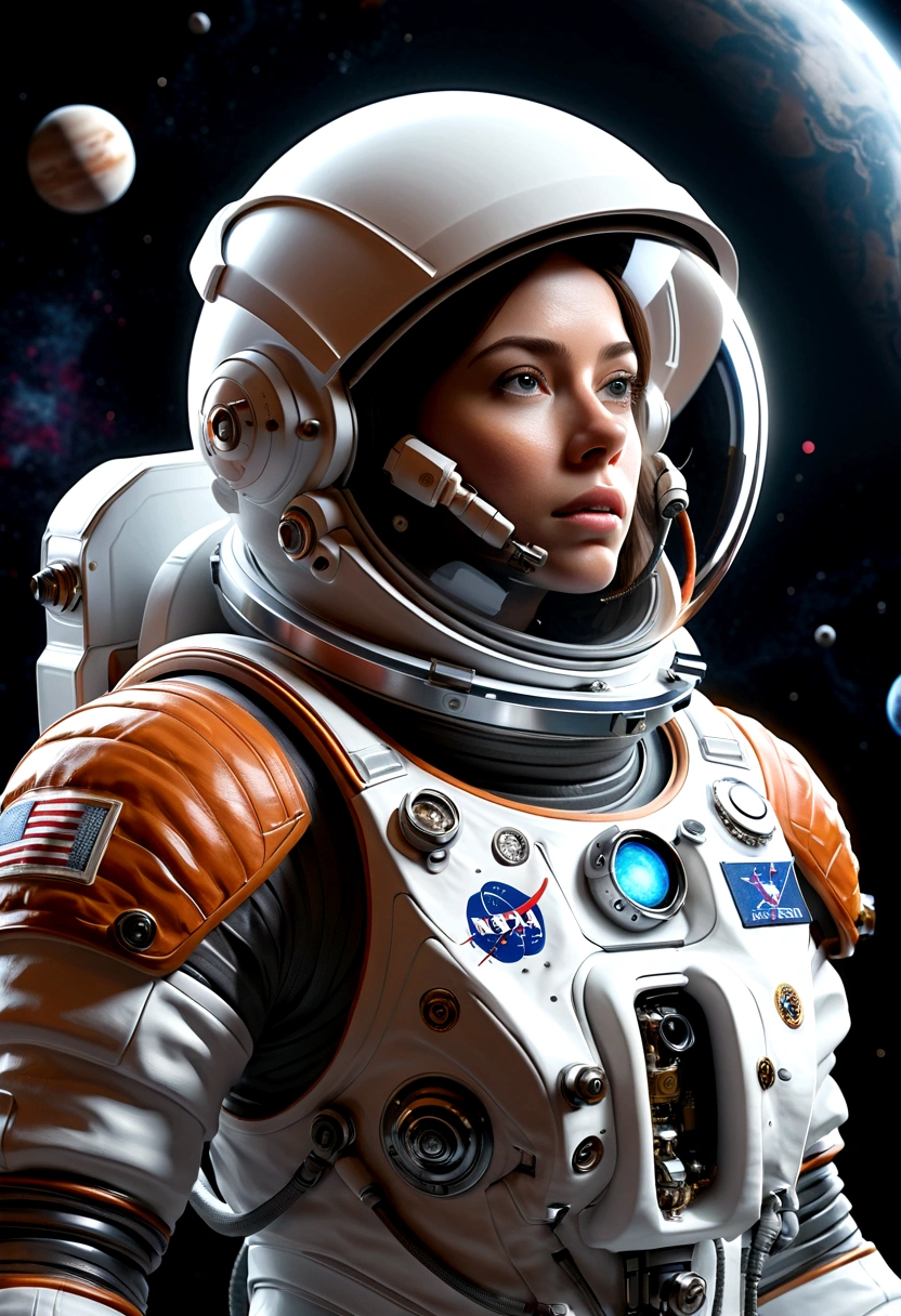 A beautiful astronaut, detailed space suit, floating in zero gravity, detailed helmet with visor, long blonde hair, serene expression, glowing planet in the background, atmospheric lighting, cinematic composition, ultrarealistic, 8k, highly detailed, photorealistic, dramatic lighting, vivid colors, otherworldly, concept art style, giga_busty, breasts, full body shot