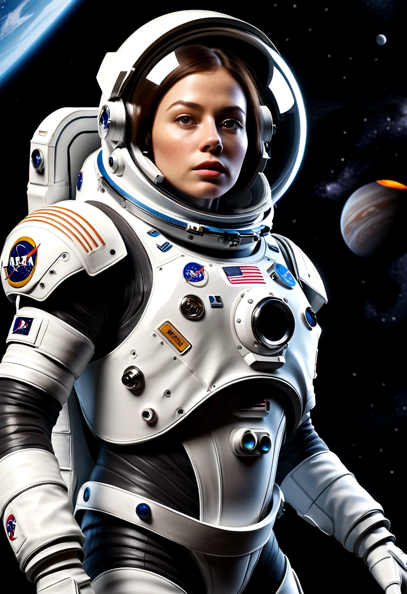 A beautiful astronaut, detailed space suit, floating in zero gravity, detailed helmet with visor, long blonde hair, serene expression, glowing planet in the background, atmospheric lighting, cinematic composition, ultrarealistic, 8k, highly detailed, photorealistic, dramatic lighting, vivid colors, otherworldly, concept art style, giga_busty, breasts, full body shot