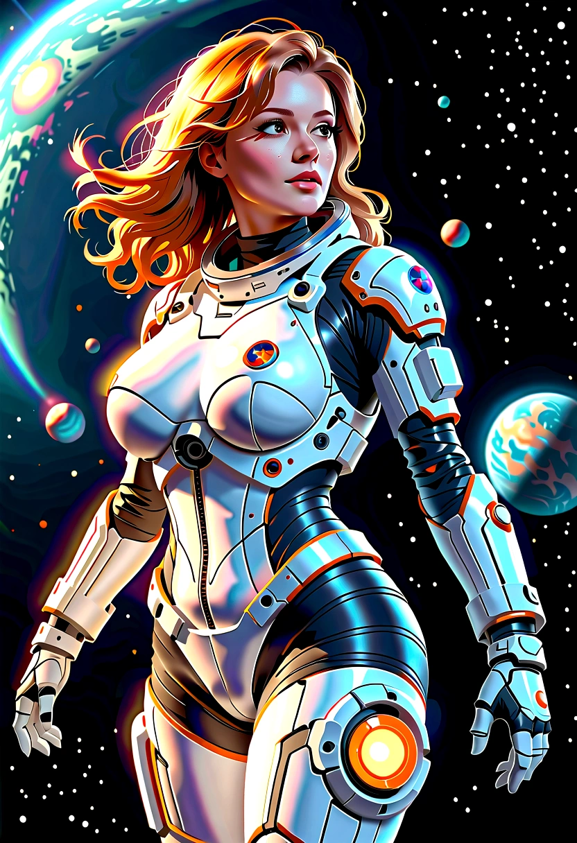 A beautiful astronaut, detailed space suit, floating in zero gravity, detailed helmet with visor, long blonde hair, serene expression, glowing planet in the background, atmospheric lighting, cinematic composition, ultrarealistic, 8k, highly detailed, photorealistic, dramatic lighting, vivid colors, otherworldly, concept art style, giga_busty, breasts