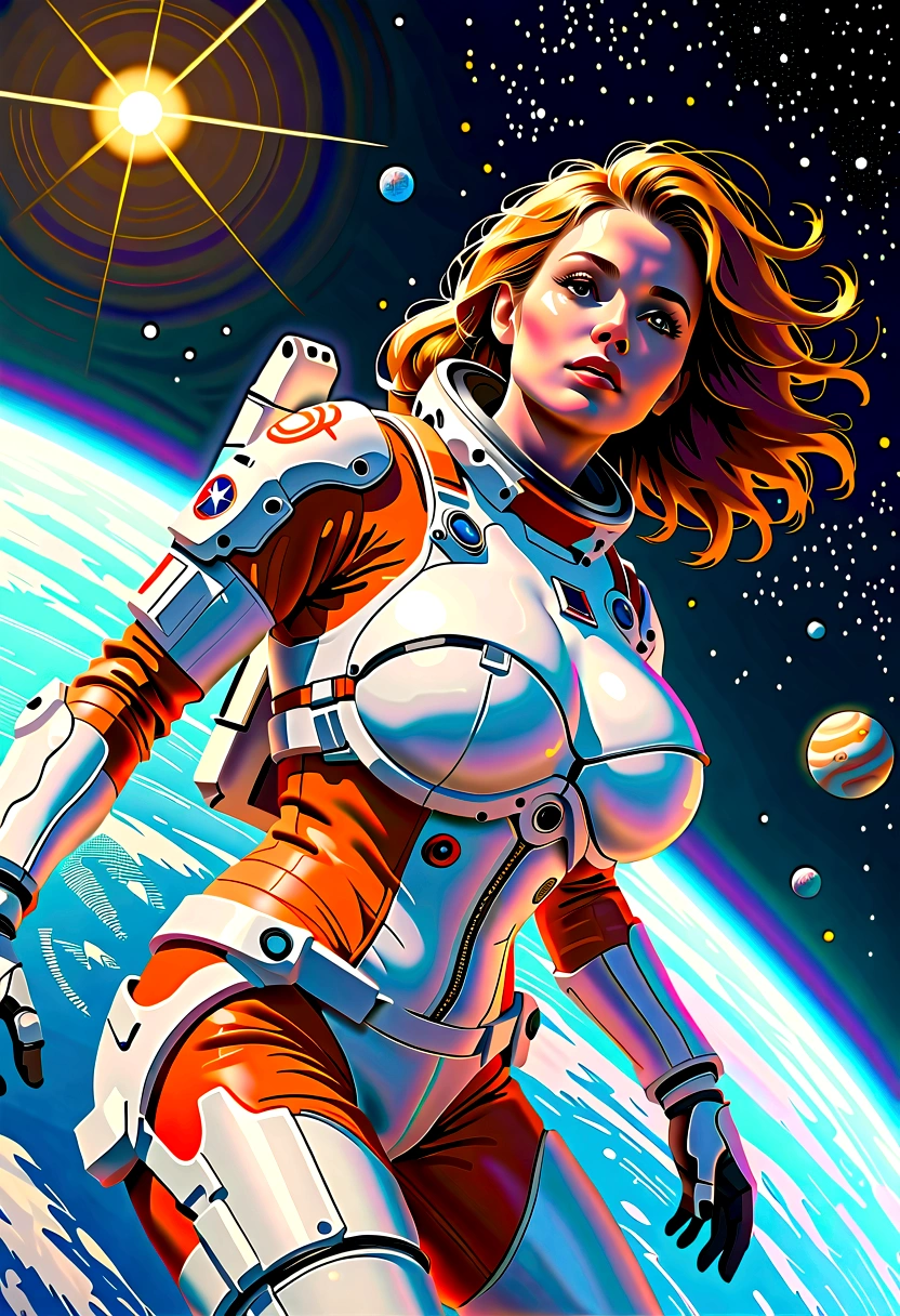 A beautiful astronaut, detailed space suit, floating in zero gravity, detailed helmet with visor, long blonde hair, serene expression, glowing planet in the background, atmospheric lighting, cinematic composition, ultrarealistic, 8k, highly detailed, photorealistic, dramatic lighting, vivid colors, otherworldly, concept art style, giga_busty, breasts
