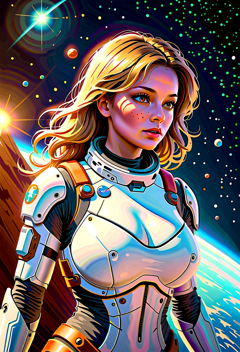 A beautiful astronaut, detailed space suit, floating in zero gravity, detailed helmet with visor, long blonde hair, serene expression, glowing planet in the background, atmospheric lighting, cinematic composition, ultrarealistic, 8k, highly detailed, photorealistic, dramatic lighting, vivid colors, otherworldly, concept art style, giga_busty, breasts