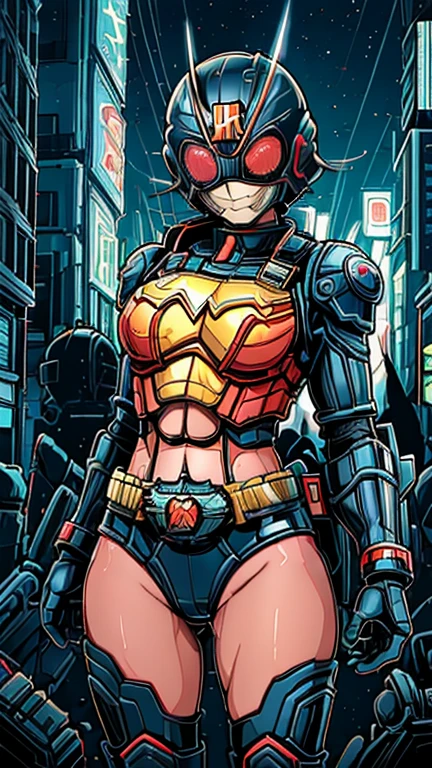 (8k),(masterpiece),(Japanese),(***************),((innocent look)),((Childish)),From the front,smile,cute,Innocent,Kind eyes,Flat chest,blue helmet,red domino mask,Wonder Woman,short,Black Hair, hair covered inside the helmet,Strong wind,night,dark, Neon light cyberpunk city,Kamen rider, superhero 