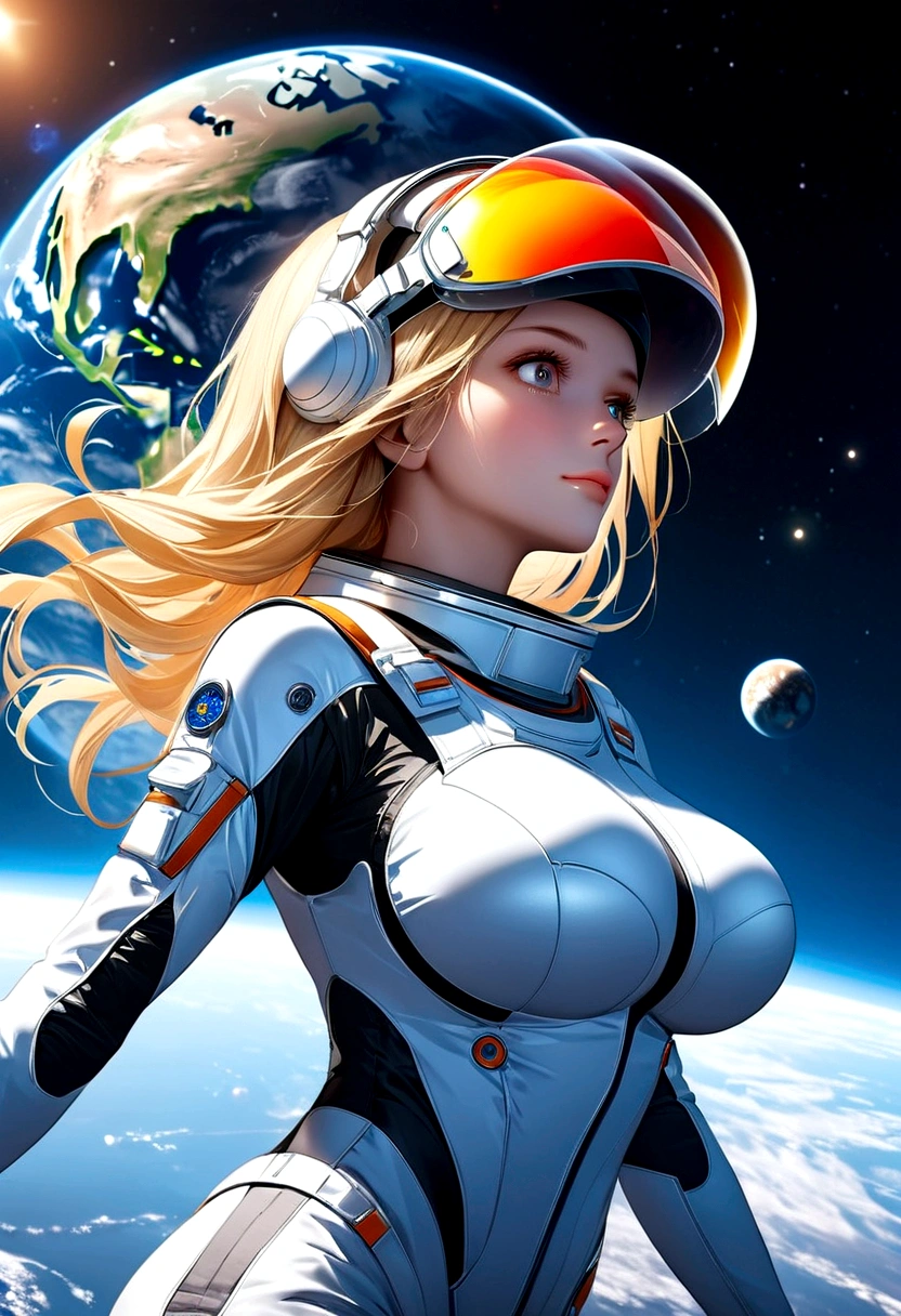 A beautiful astronaut, detailed space suit, floating in zero gravity, detailed helmet with visor, long blonde hair, serene expression, glowing planet in the background, atmospheric lighting, cinematic composition, ultrarealistic, 8k, highly detailed, photorealistic, dramatic lighting, vivid colors, otherworldly, concept art style, giga_busty, breasts