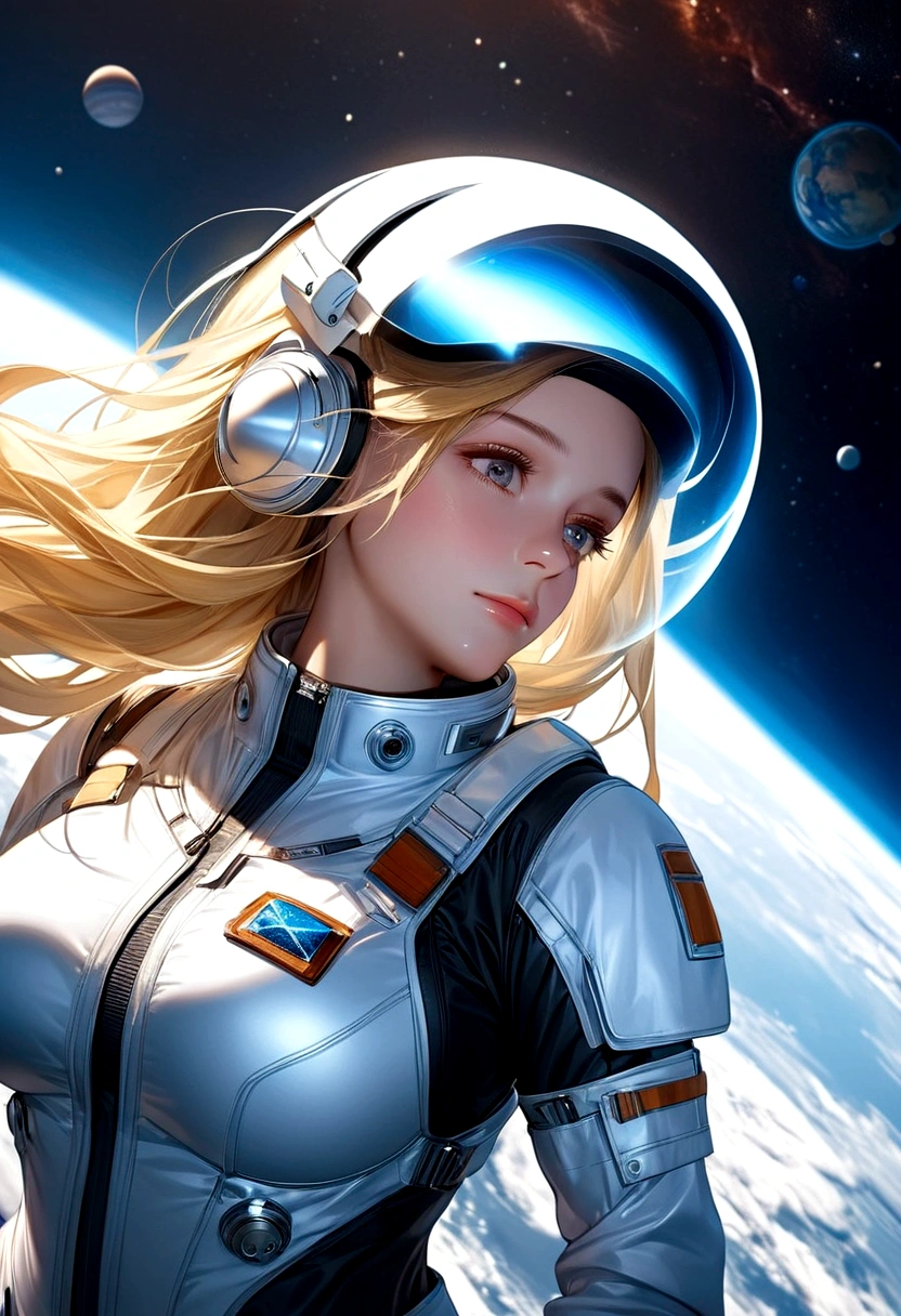 A beautiful astronaut, detailed space suit, floating in zero gravity, detailed helmet with visor, long blonde hair, serene expression, glowing planet in the background, atmospheric lighting, cinematic composition, ultrarealistic, 8k, highly detailed, photorealistic, dramatic lighting, vivid colors, otherworldly, concept art style, giga_busty, breasts