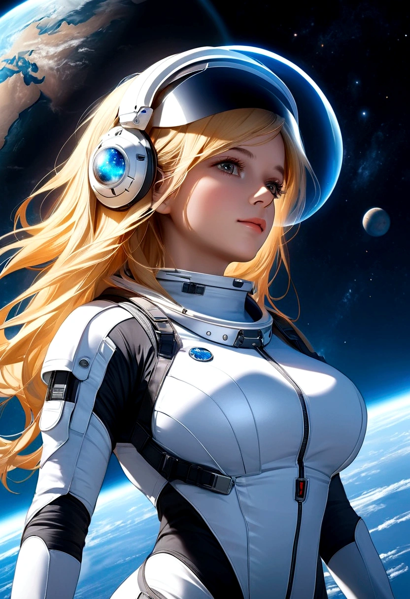 A beautiful astronaut, detailed space suit, floating in zero gravity, detailed helmet with visor, long blonde hair, serene expression, glowing planet in the background, atmospheric lighting, cinematic composition, ultrarealistic, 8k, highly detailed, photorealistic, dramatic lighting, vivid colors, otherworldly, concept art style, giga_busty, breasts